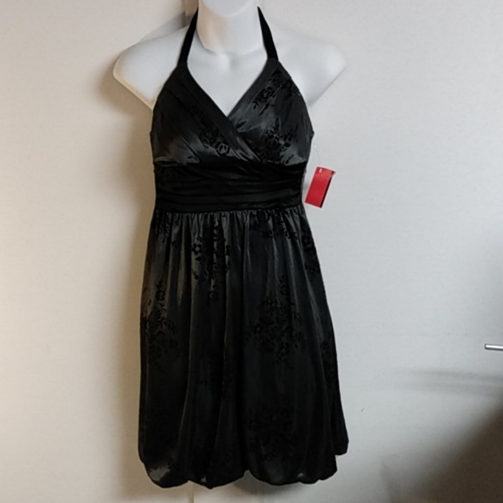 Y2K Trixxi Slate and Black Floral Balloon Hem Halter Dress